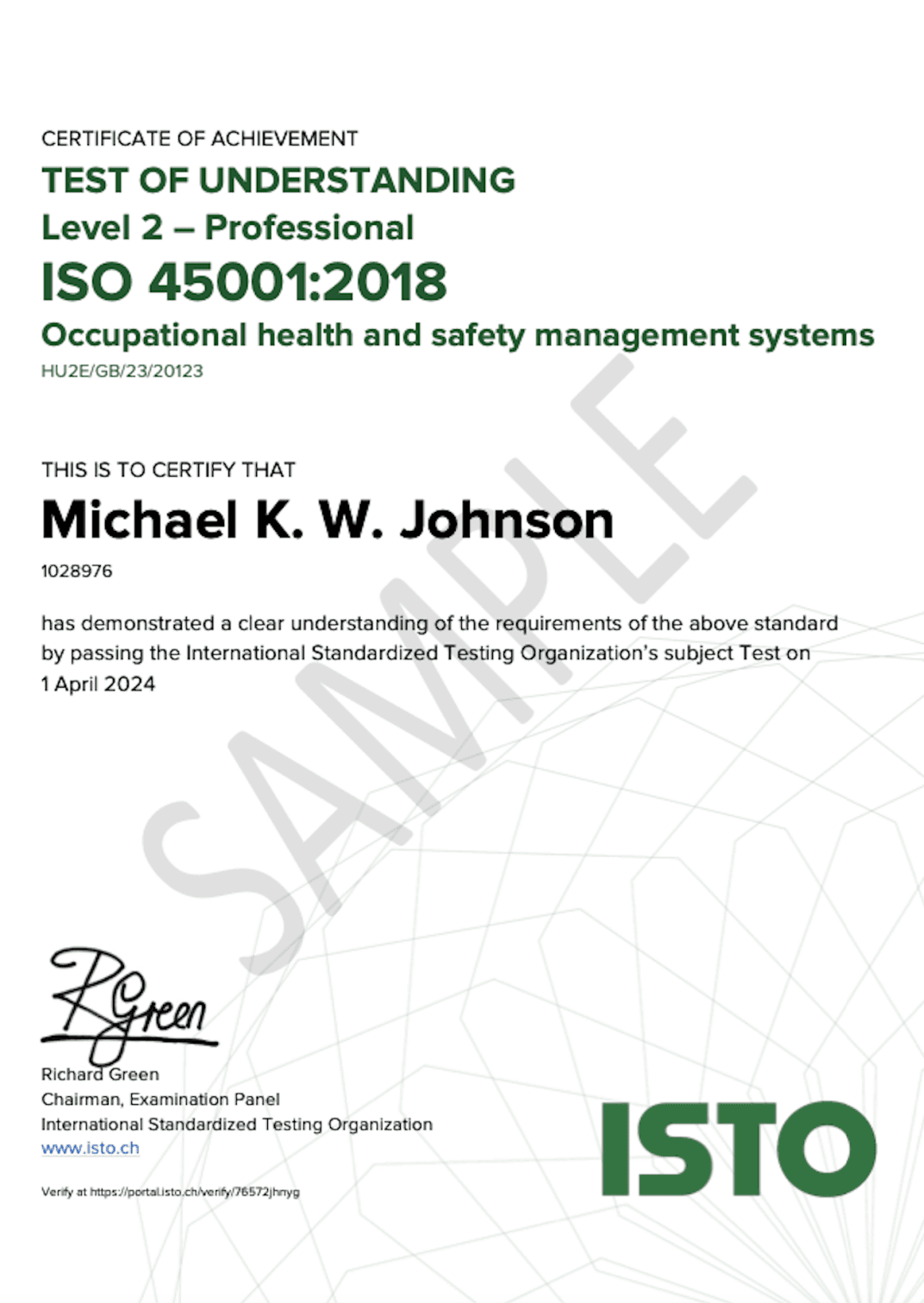 Sample ISTO Certificate of Achievement